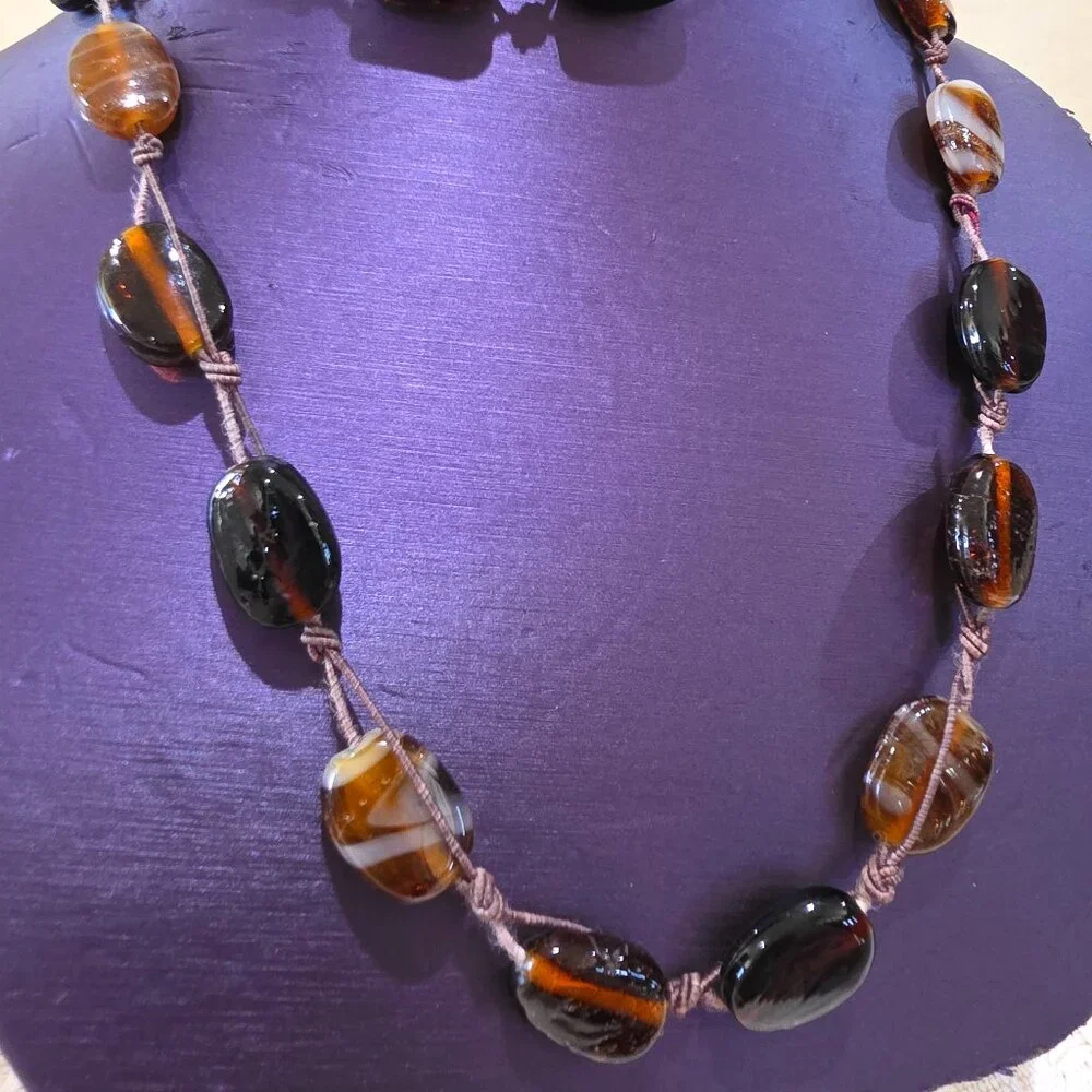 Artisan BOHO Earth Colors Rootbeer Brown Stripe Amber Art Glass Long Necklace
